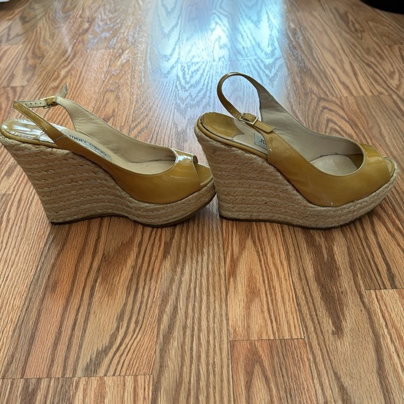 Jimmy Choo Patent Leather Vita Peep-Toe Slingback Sandals (Sand Yellow)- Size 37 - Picture 4 of 9